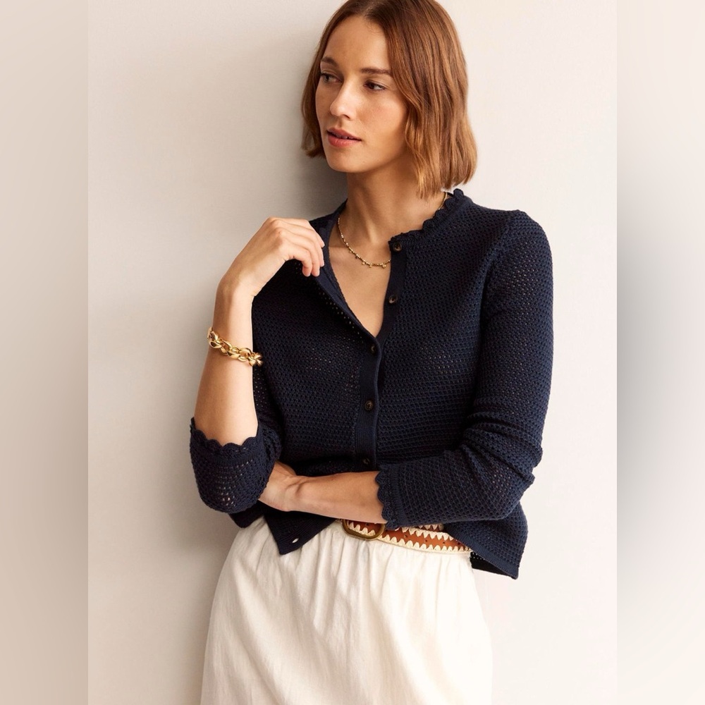 Boden Textured Scallop Crochet Knit Cardigan Sweater Cotton Navy Blue Women’s M